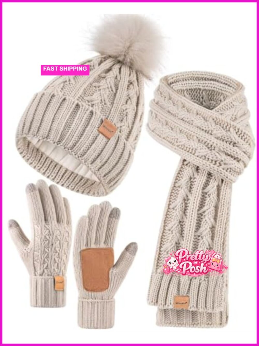 Fleece Lined Winter Beanie Scarf Touchscreen Gloves Set Pom Pom Knit